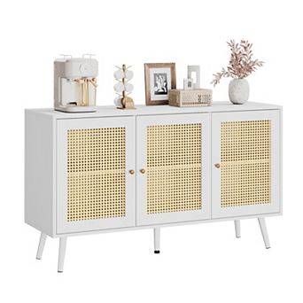 Rattan Storage Cabinet with 3 Doors, Boho Sideboard Buffet Cabinet Wood Farmhouse Credenza Cabinet