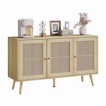 Rattan Storage Cabinet with 3 Doors, Boho Sideboard Buffet Cabinet Wood Farmhouse Credenza Cabinet