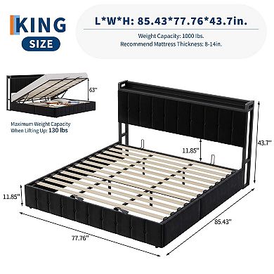 Upholstered Bed with Button Tufted Wingback Storage Headboard, Hydraulic Storage