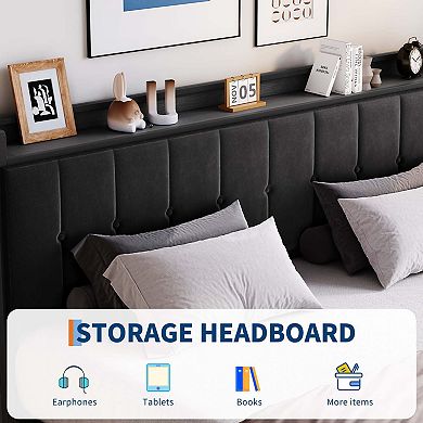 Upholstered Bed with Button Tufted Wingback Storage Headboard, Hydraulic Storage