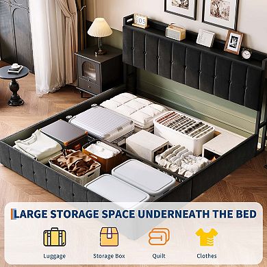 Upholstered Bed with Button Tufted Wingback Storage Headboard, Hydraulic Storage