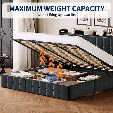 Upholstered Bed with Button Tufted Wingback Storage Headboard, Hydraulic Storage