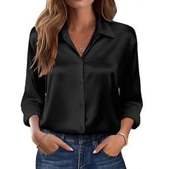 Zeagoo Women s Dressy Casual Long Sleeve Satin Silk Button Down Shirts, Business Dressy Fall Tops