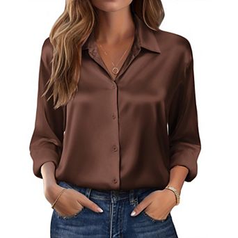 Zeagoo Women s Dressy Casual Long Sleeve Satin Silk Button Down Shirts, Business Dressy Fall Tops