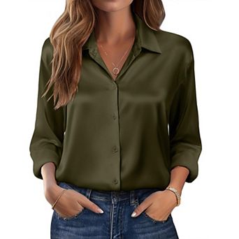 Zeagoo Women s Dressy Casual Long Sleeve Satin Silk Button Down Shirts, Business Dressy Fall Tops