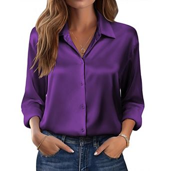 Zeagoo Women s Dressy Casual Long Sleeve Satin Silk Button Down Shirts, Business Dressy Fall Tops