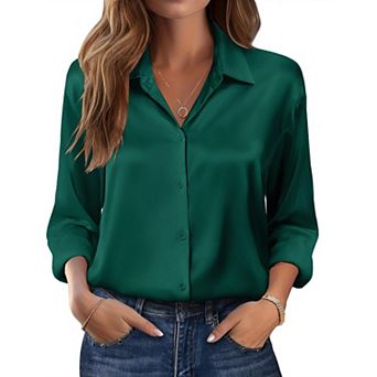 Zeagoo Women s Dressy Casual Long Sleeve Satin Silk Button Down Shirts, Business Dressy Fall Tops