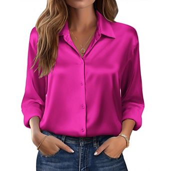 Zeagoo Women s Dressy Casual Long Sleeve Satin Silk Button Down Shirts, Business Dressy Fall Tops