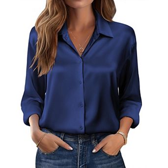 Zeagoo Women s Dressy Casual Long Sleeve Satin Silk Button Down Shirts, Business Dressy Fall Tops