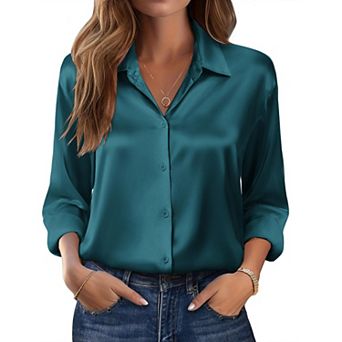 Zeagoo Women s Dressy Casual Long Sleeve Satin Silk Button Down Shirts, Business Dressy Fall Tops
