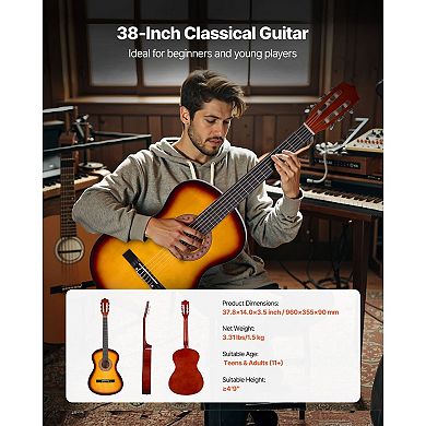 Beginner Classical Guitar for Young Musicians with Nylon String, Shoulder Strap, and Carry Bag