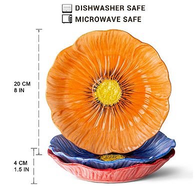 8" Ceramic Dinner Plates Set of 3: Salad, Dessert, Appetizer, Pasta Blue, Pink, Orange Floral