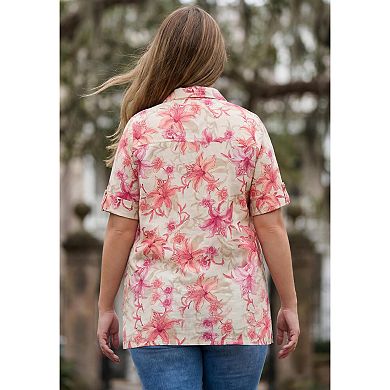 Catherines Women's Plus Size Linen Blend Roll-Cuff Camp Shirt