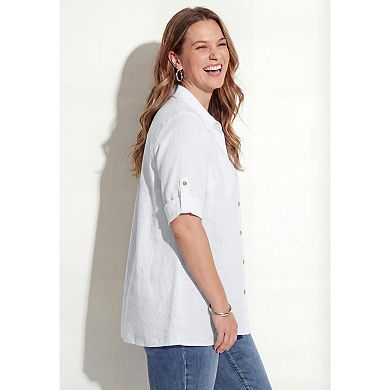 Catherines Women's Plus Size Linen Blend Roll-Cuff Camp Shirt