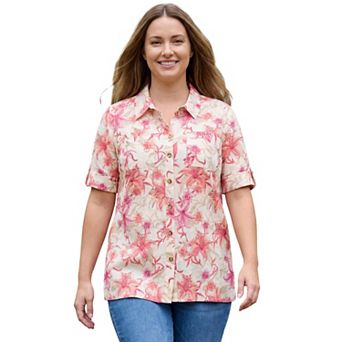 Catherines Women's Plus Size Linen Blend Roll-Cuff Camp Shirt