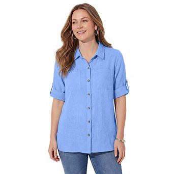 Catherines Women's Plus Size Linen Blend Roll-Cuff Camp Shirt