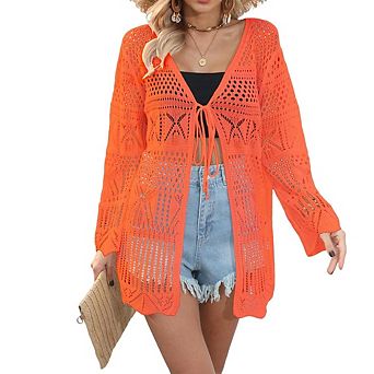 Women Crochet Knit Open Front Cardigan Lightweight Beach Coverup Summer Kimono