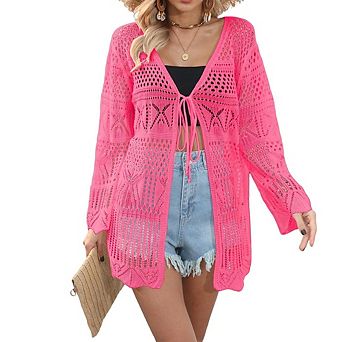 Women Crochet Knit Open Front Cardigan Lightweight Beach Coverup Summer Kimono