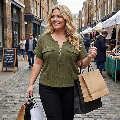 Women's Plus Size Zip Neck Short Sleeve T-Shirt Casual Ribbed Knit Top Summer Tee