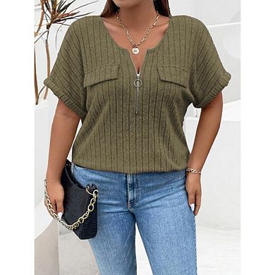 Women's Plus Size Zip Neck Short Sleeve T-Shirt Casual Ribbed Knit Top Summer Tee