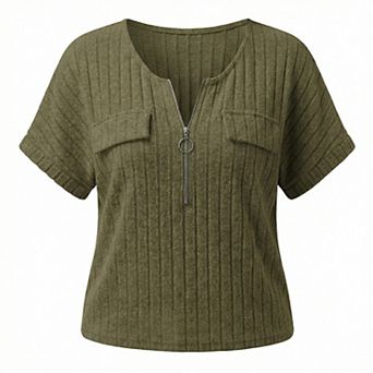 Women's Plus Size Zip Neck Short Sleeve T-Shirt Casual Ribbed Knit Top Summer Tee