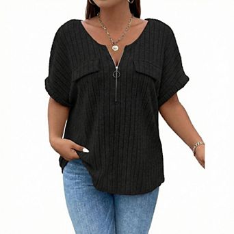 Women's Plus Size Zip Neck Short Sleeve T-Shirt Casual Ribbed Knit Top Summer Tee