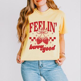 Feelin' Berry Good Checkered - Women's Boxy Crop Top Graphic T-Shirt