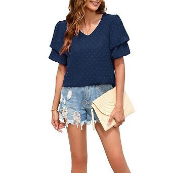 Womens V Neck Swiss Dot Blouse Tiered Short Sleeve Elegant Shirts Casual Summer Tunic Tops