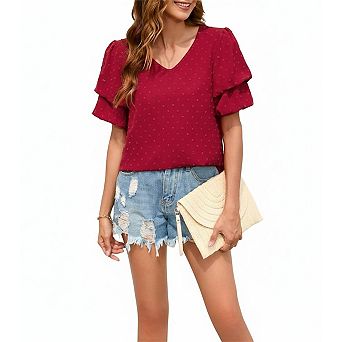 Womens V Neck Swiss Dot Blouse Tiered Short Sleeve Elegant Shirts Casual Summer Tunic Tops