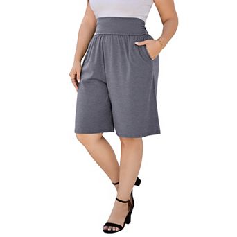 Womens High Elastic Waist Plus Size Bermuda Shorts Wide Leg Knee Length Capri Pant with Pockets