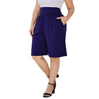 Womens High Elastic Waist Plus Size Bermuda Shorts Wide Leg Knee Length Capri Pant with Pockets