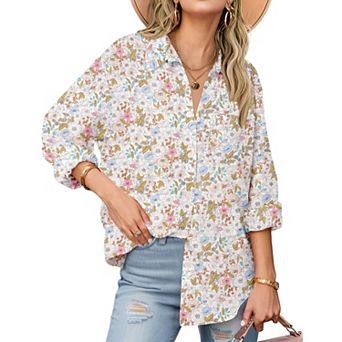Zeagoo Shirt Women V Neck Button Downs Blouses Long Sleeve Collared Cotton Tops Woman
