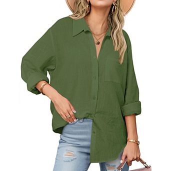 Zeagoo Shirt Women V Neck Button Downs Blouses Long Sleeve Collared Cotton Tops Woman