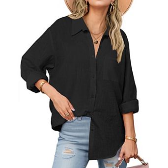 Zeagoo Shirt Women V Neck Button Downs Blouses Long Sleeve Collared Cotton Tops Woman