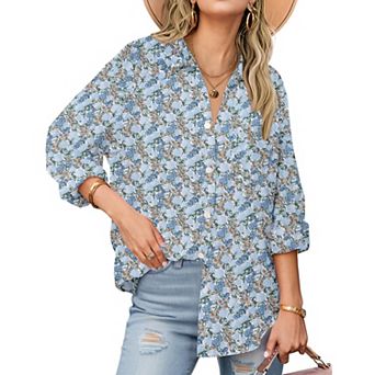 Zeagoo Shirt Women V Neck Button Downs Blouses Long Sleeve Collared Cotton Tops Woman
