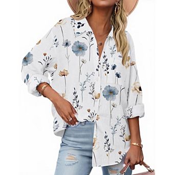 Zeagoo Shirt Women V Neck Button Downs Blouses Long Sleeve Collared Cotton Tops Woman