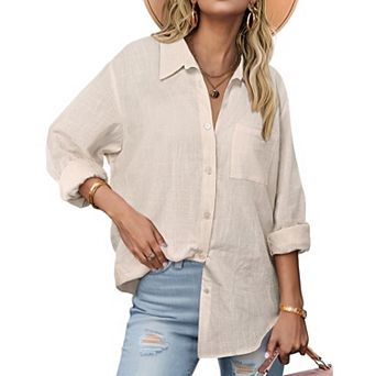 Zeagoo Shirt Women V Neck Button Downs Blouses Long Sleeve Collared Cotton Tops Woman
