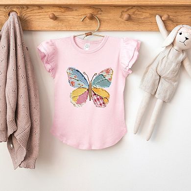 Denim Butterfly Faux Patchwork - Flutter Sleeve Graphic T-Shirt