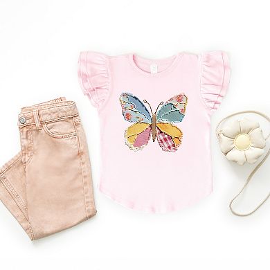 Denim Butterfly Faux Patchwork - Flutter Sleeve Graphic T-Shirt