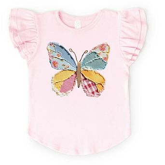 Denim Butterfly Faux Patchwork - Flutter Sleeve Graphic T-Shirt