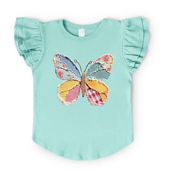 Denim Butterfly Faux Patchwork - Flutter Sleeve Graphic T-Shirt