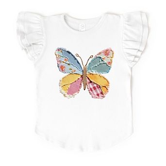 Denim Butterfly Faux Patchwork - Flutter Sleeve Graphic T-Shirt