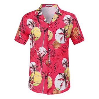 Mens Short Sleeve Button Down Shirt Floral Print Boho Beach Vacation Hawiian Tropical Collared Tops