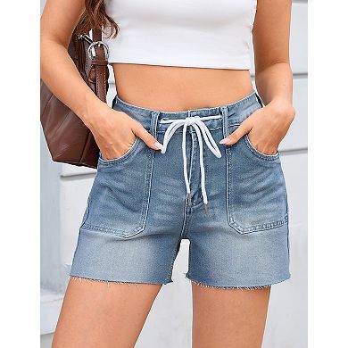 Jean Shorts for Women High Waisted Trendy Drawstring Denim Shorts Summer with Pockets
