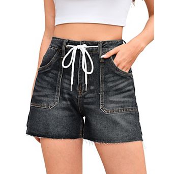 Jean Shorts for Women High Waisted Trendy Drawstring Denim Shorts Summer with Pockets