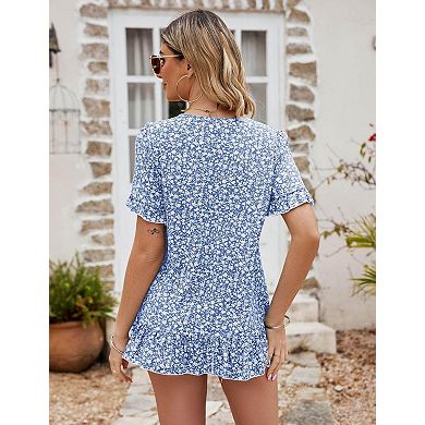 Women's Short Sleeve Square Neck Shirts with Pintuck Pleats Blouses