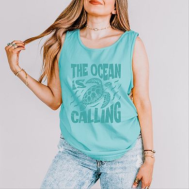 The Ocean Is Calling Turtle - Women's Garment Dyed Graphic Tank Top