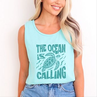 The Ocean Is Calling Turtle - Women's Garment Dyed Graphic Tank Top