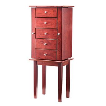 Standing Jewelry Armoire Cabinet with 4 Drawers, Flip-Top Mirror, and Side Necklace Hooks Brown