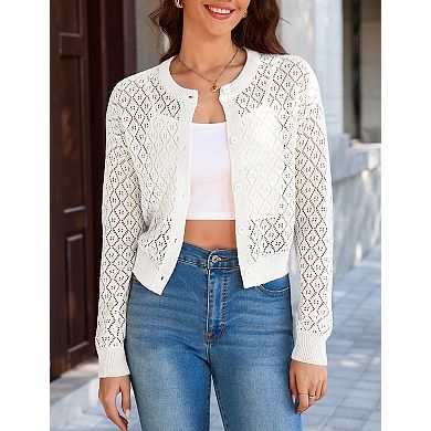 Women's Cropped Openwork Knit Cardigan Long Sleeve Button Down Round Neck Crochet Crop Top